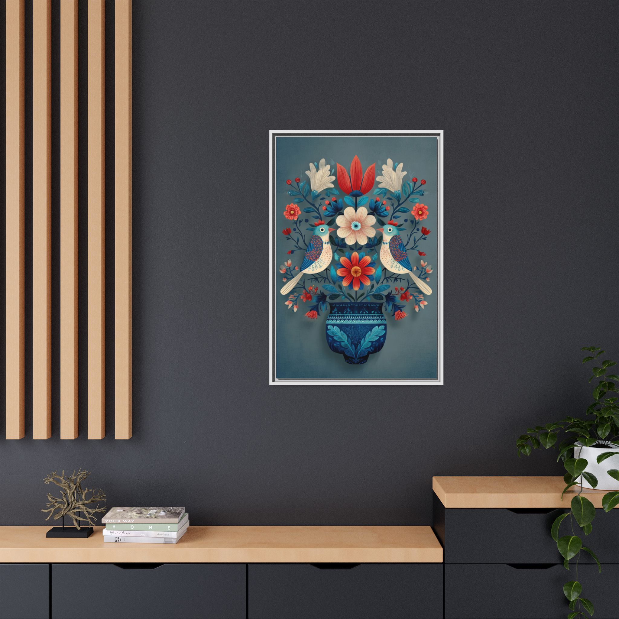 Folk Art Birds Floral Vase Print | Scandinavian Style Wall Art | Framed Canvas Print - Image 24