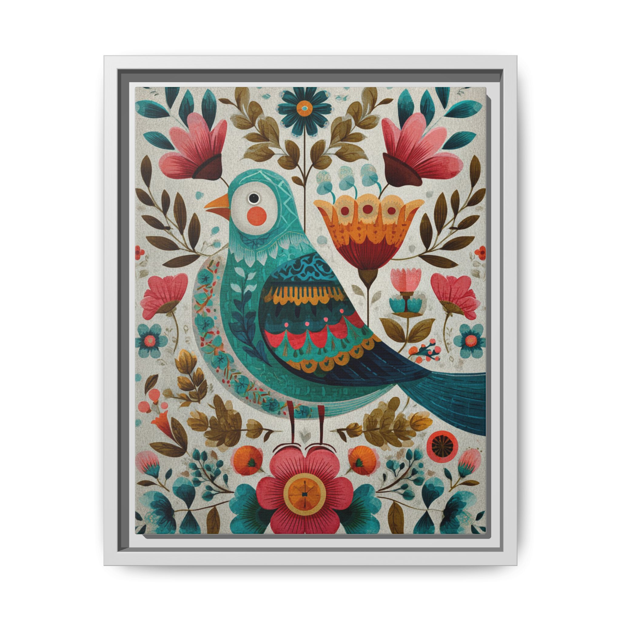 Folk Art Bird Print | Scandinavian Floral Illustration Boho | Framed Canvas Print - Image 33