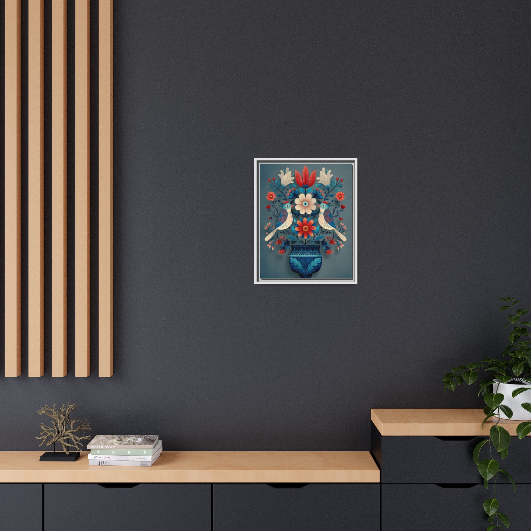 Folk Art Birds Floral Vase Print | Scandinavian Style Wall Art | Framed Canvas Print - Image 12