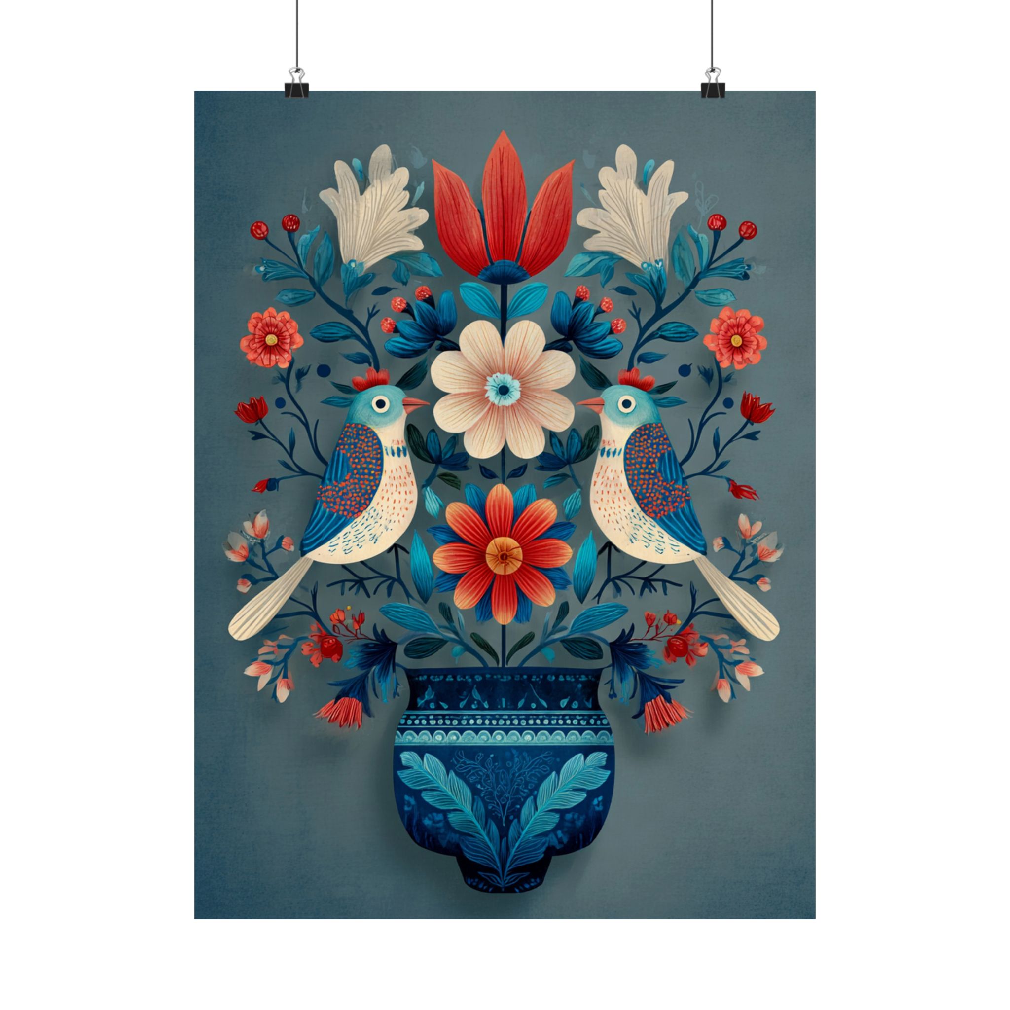Folk Art Birds Floral Vase Print | Scandinavian Style Wall Art | Matte Poster Print - Image 5