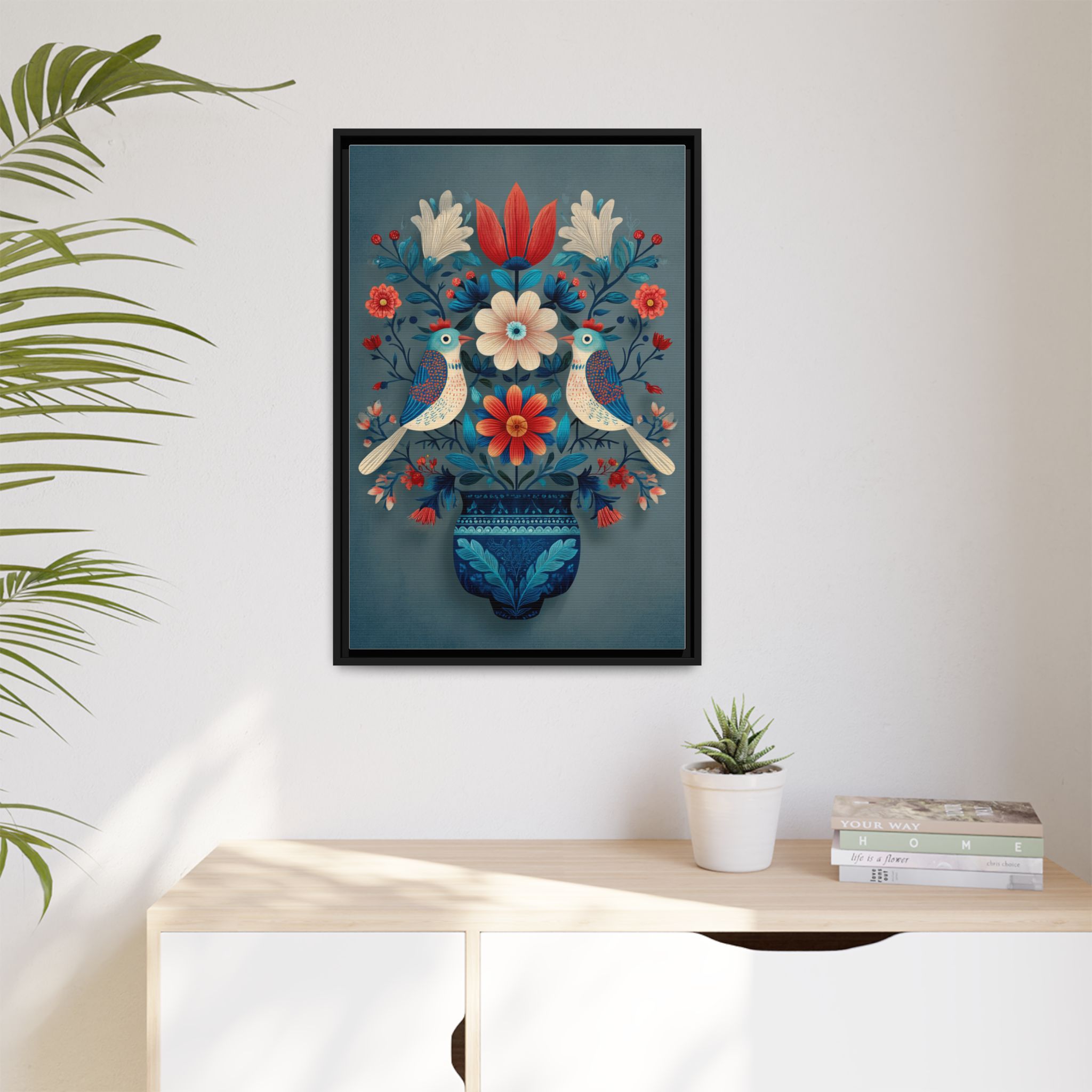 Folk Art Birds Floral Vase Print | Scandinavian Style Wall Art | Framed Canvas Print - Image 3