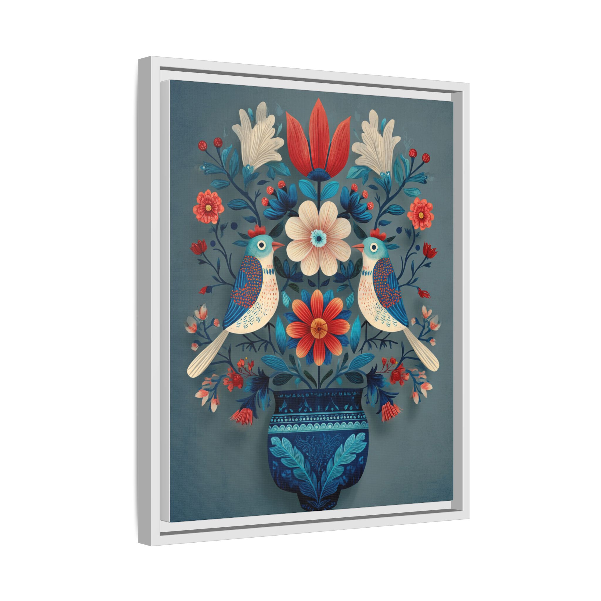 Folk Art Birds Floral Vase Print | Scandinavian Style Wall Art | Framed Canvas Print - Image 10