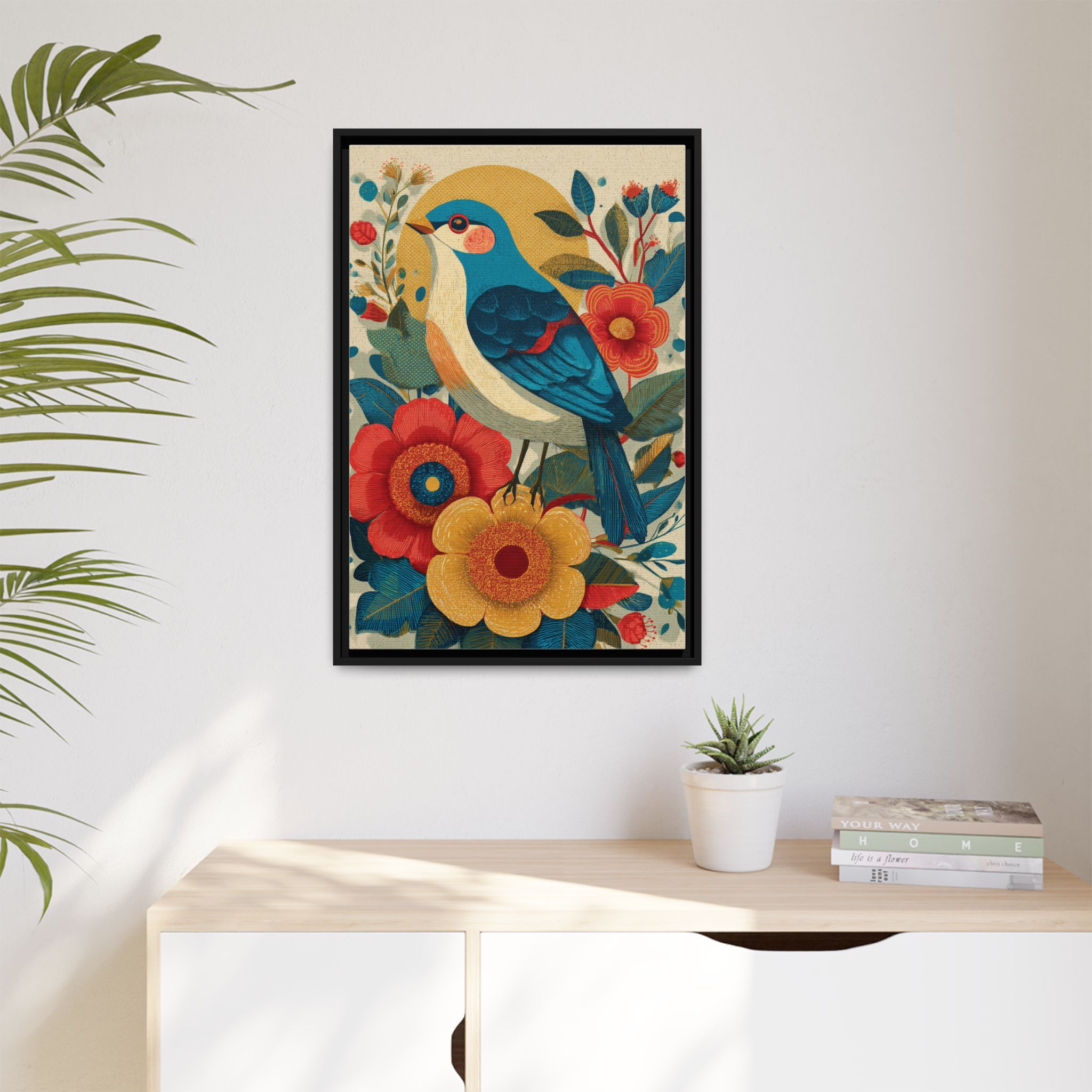Folk Art Bird Print | Vintage Botanical Floral Illustration | Framed Canvas Print - Image 3