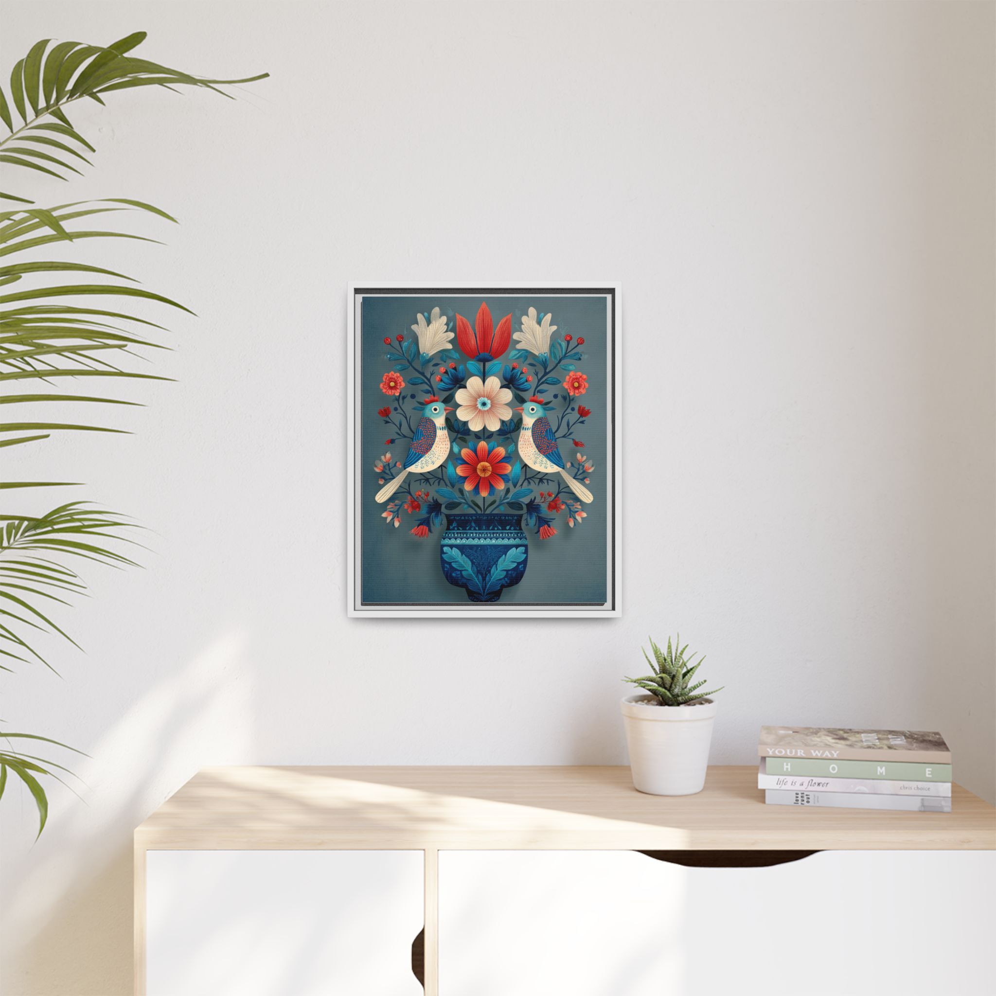 Folk Art Birds Floral Vase Print | Scandinavian Style Wall Art | Framed Canvas Print - Image 11