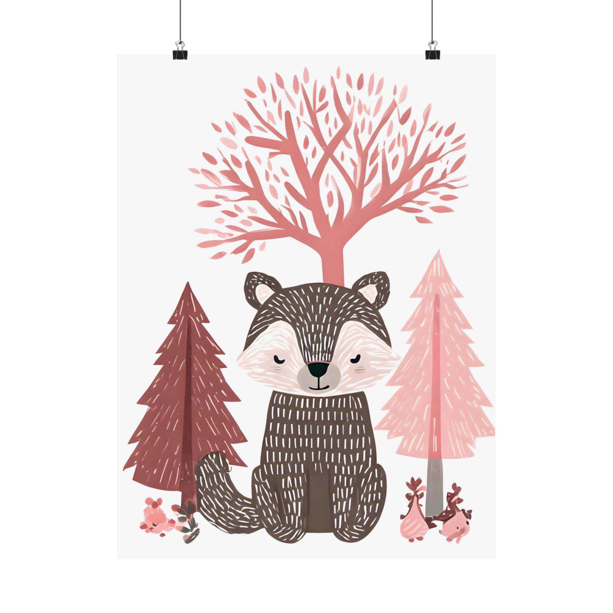 Woodland Bear Nursery Art | Pink Scandinavian Forest Animal Print | Matte Poster Print - Image 5