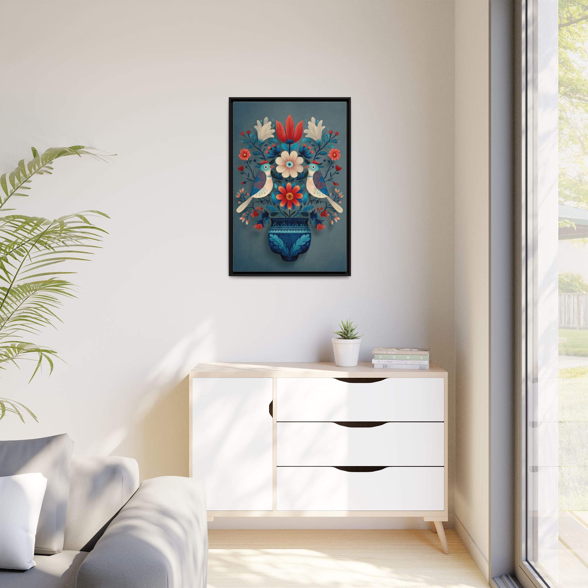 Folk Art Birds Floral Vase Print | Scandinavian Style Wall Art | Framed Canvas Print - Image 19