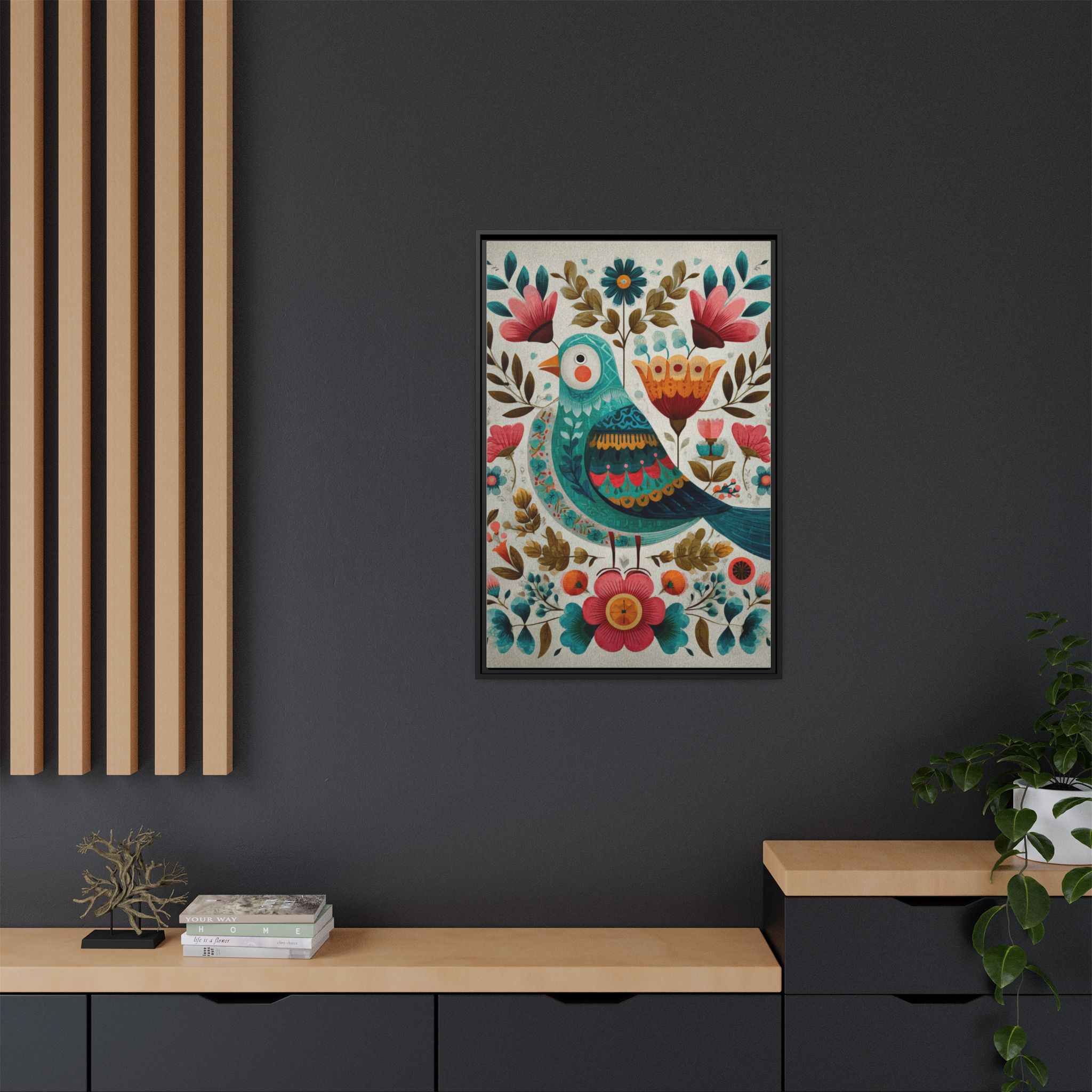 Folk Art Bird Print | Scandinavian Floral Illustration Boho | Framed Canvas Print - Image 20