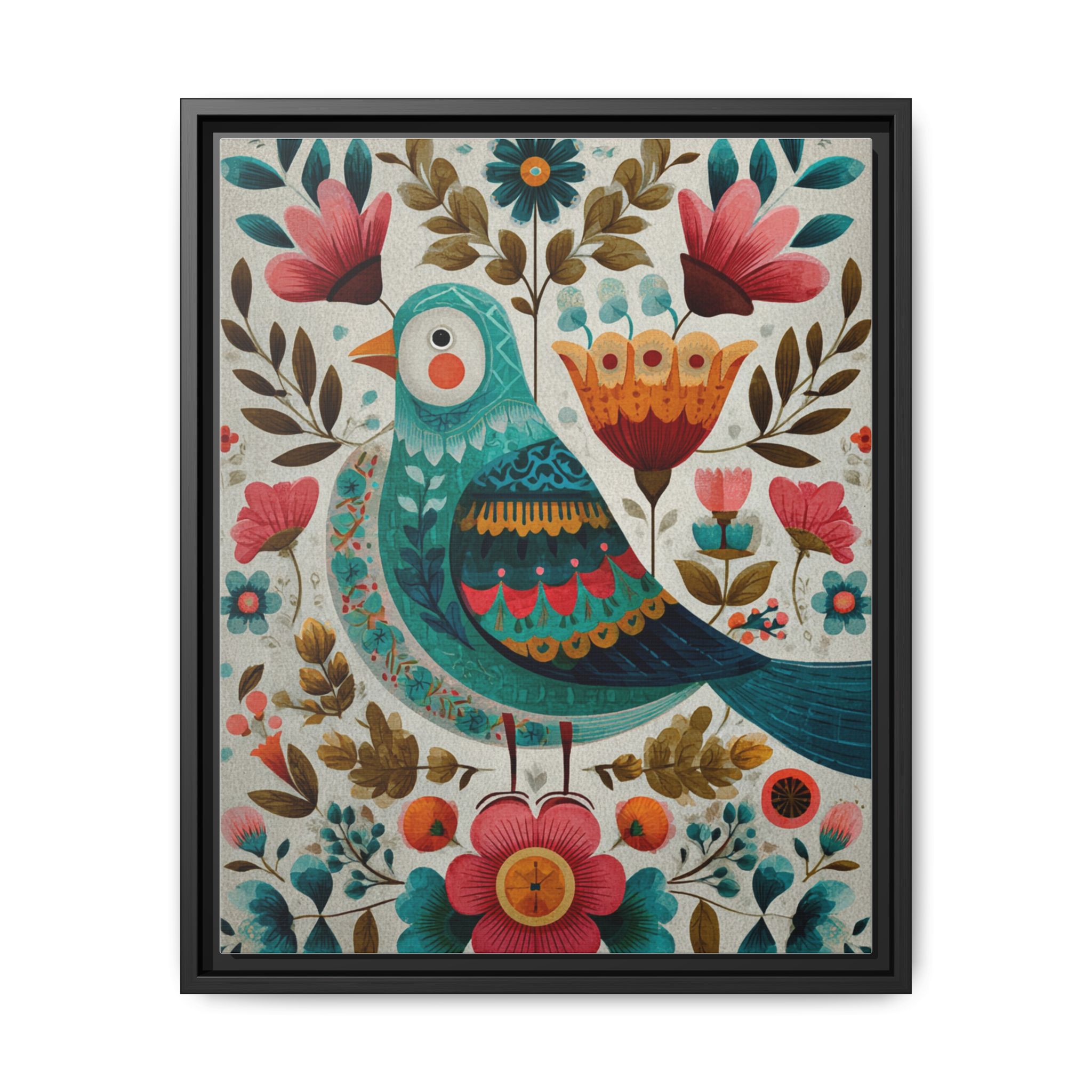 Folk Art Bird Print | Scandinavian Floral Illustration Boho | Framed Canvas Print - Image 13