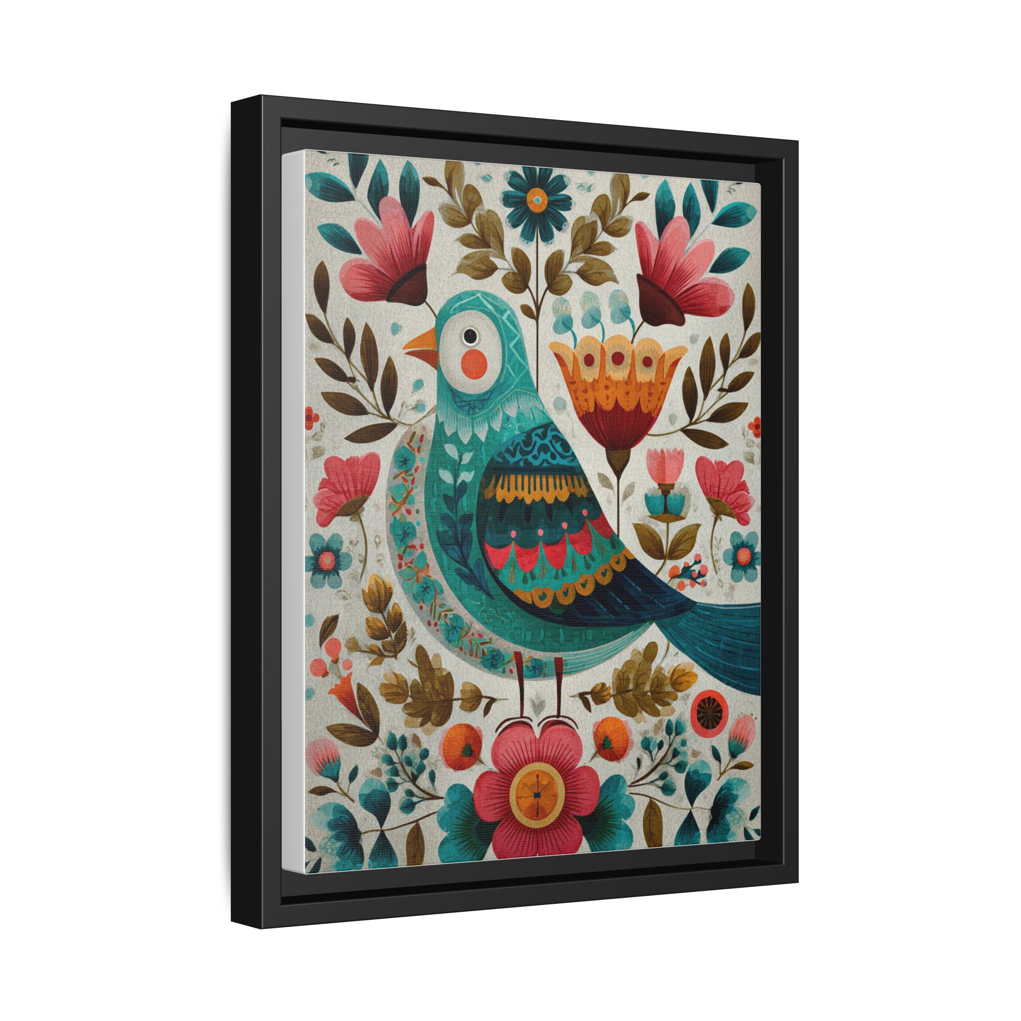 Folk Art Bird Print | Scandinavian Floral Illustration Boho | Framed Canvas Print - Image 38