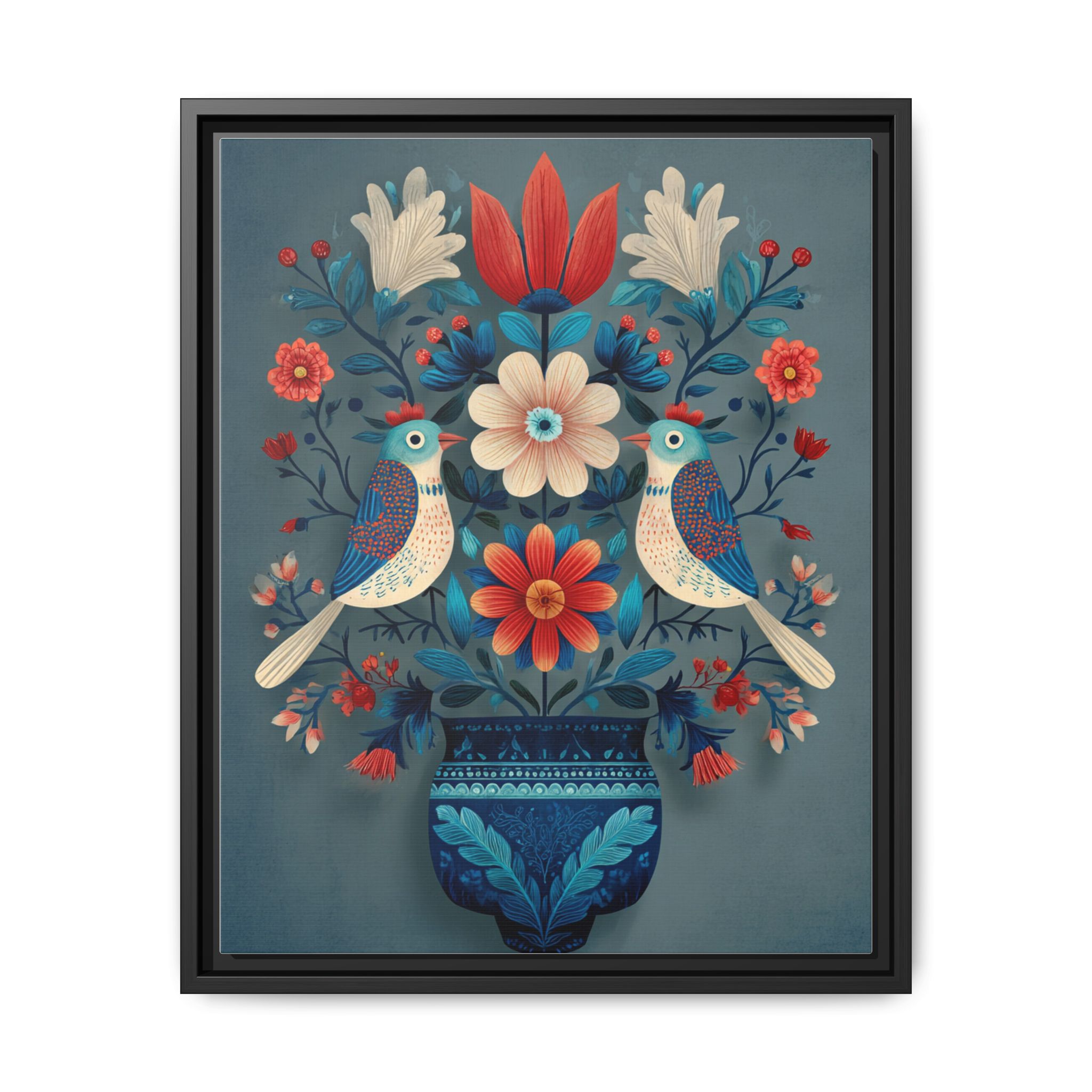Folk Art Birds Floral Vase Print | Scandinavian Style Wall Art | Framed Canvas Print - Image 13