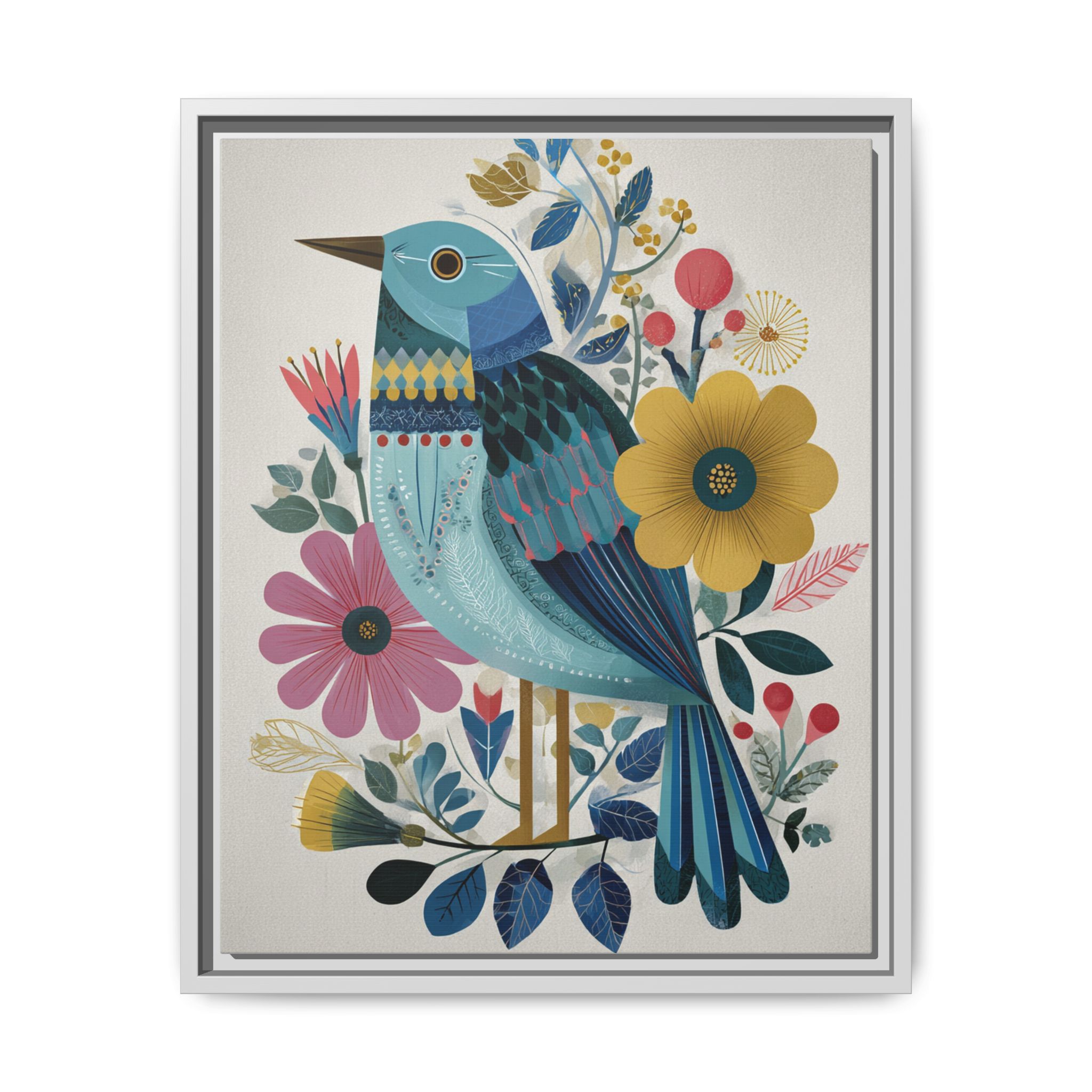 Folk Art Bird Print | Colorful Floral Nature Poster | Framed Canvas Print - Image 9