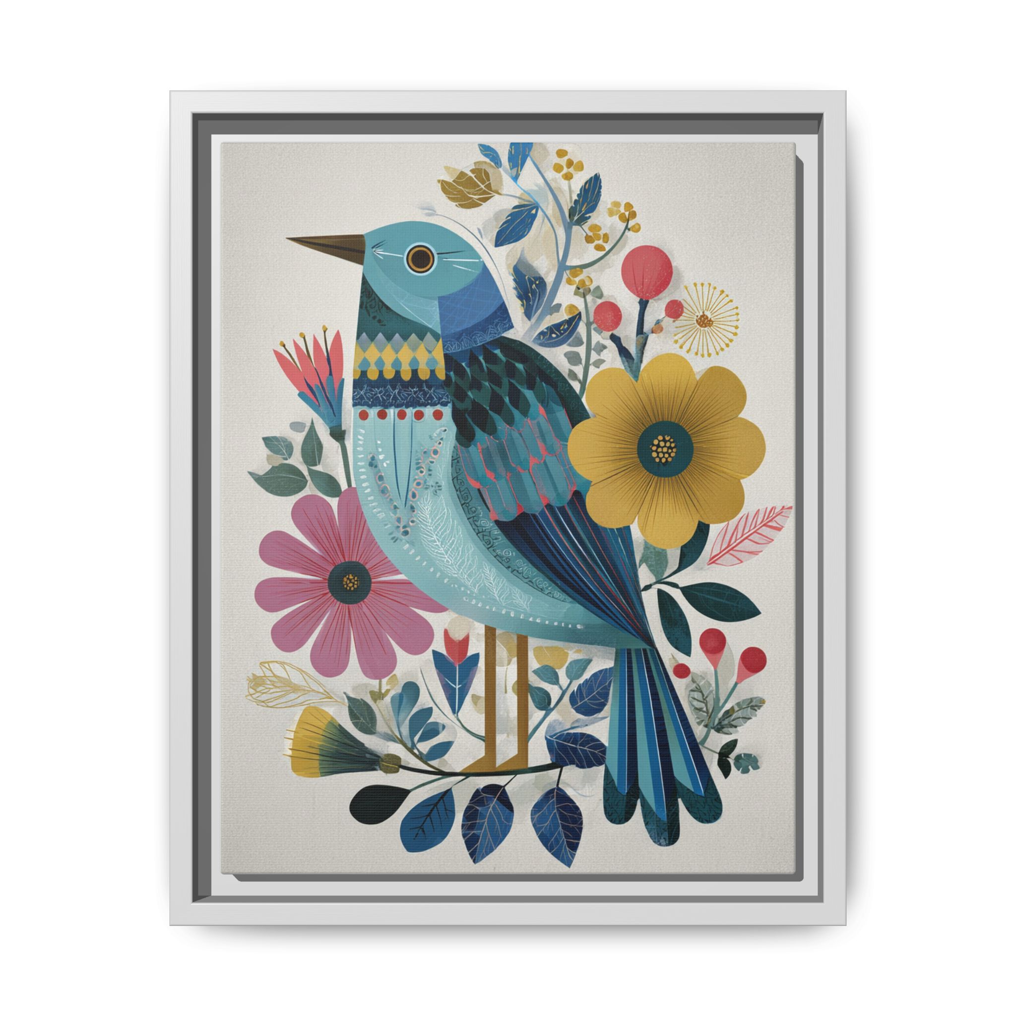 Folk Art Bird Print | Colorful Floral Nature Poster | Framed Canvas Print - Image 33