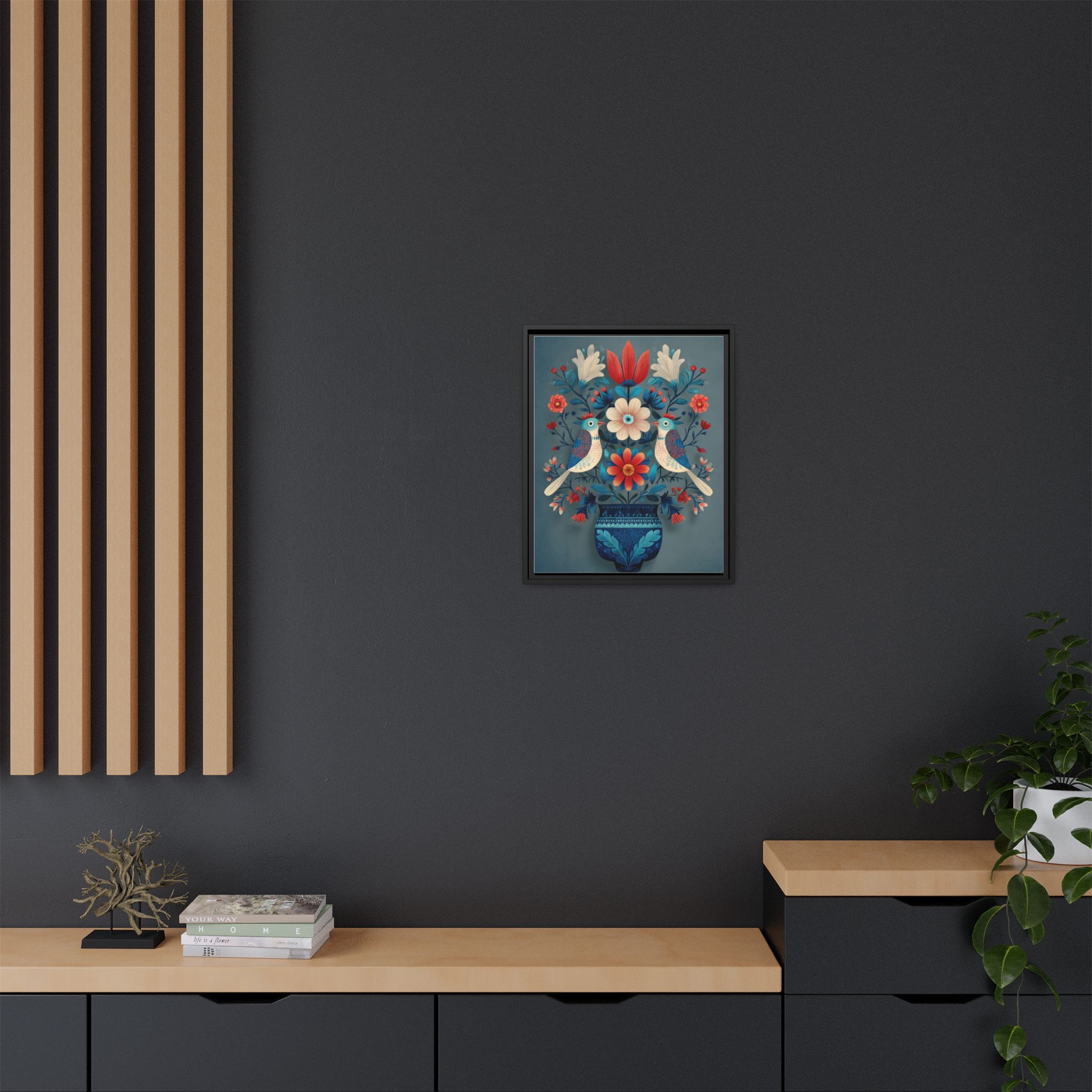Folk Art Birds Floral Vase Print | Scandinavian Style Wall Art | Framed Canvas Print - Image 16