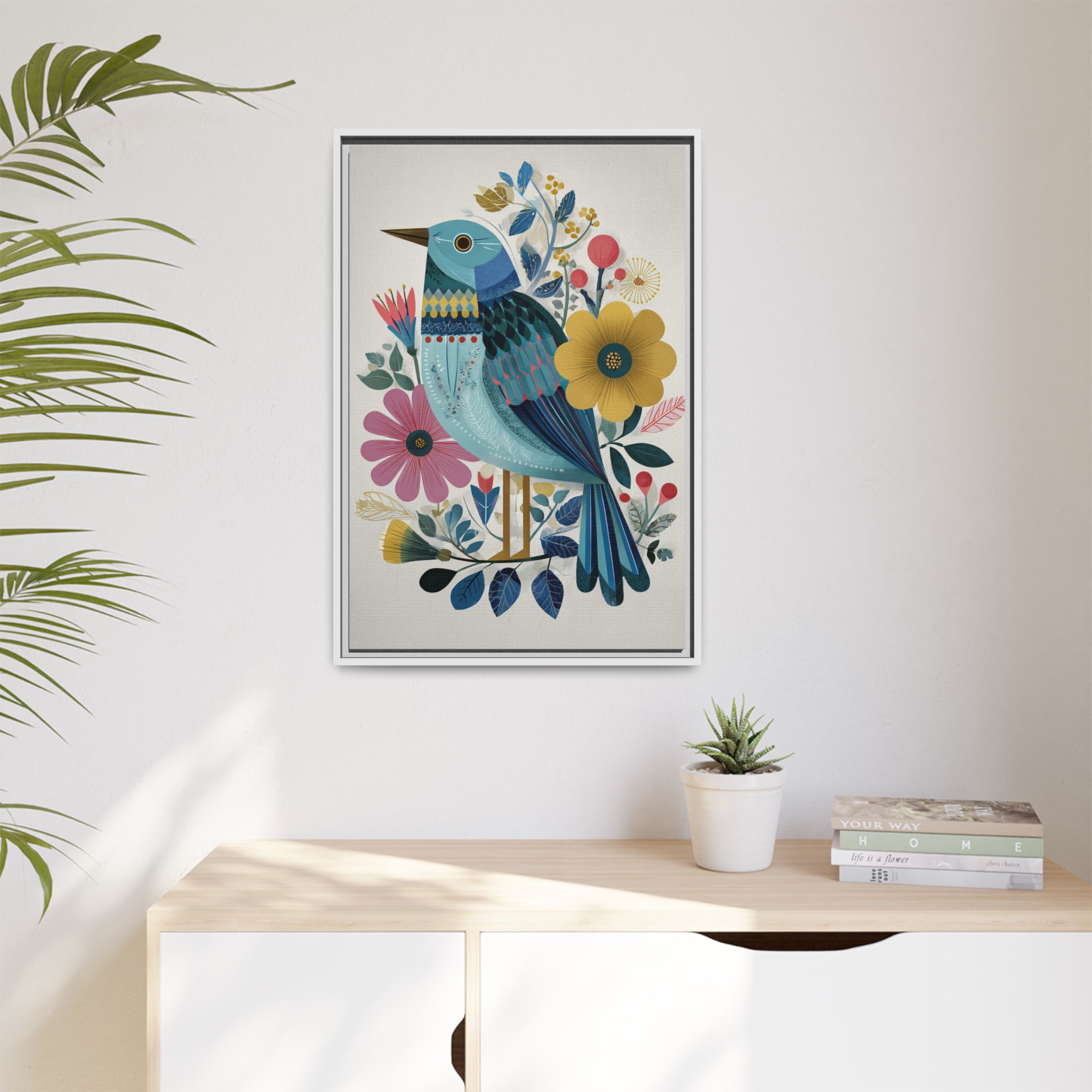 Folk Art Bird Print | Colorful Floral Nature Poster | Framed Canvas Print - Image 7