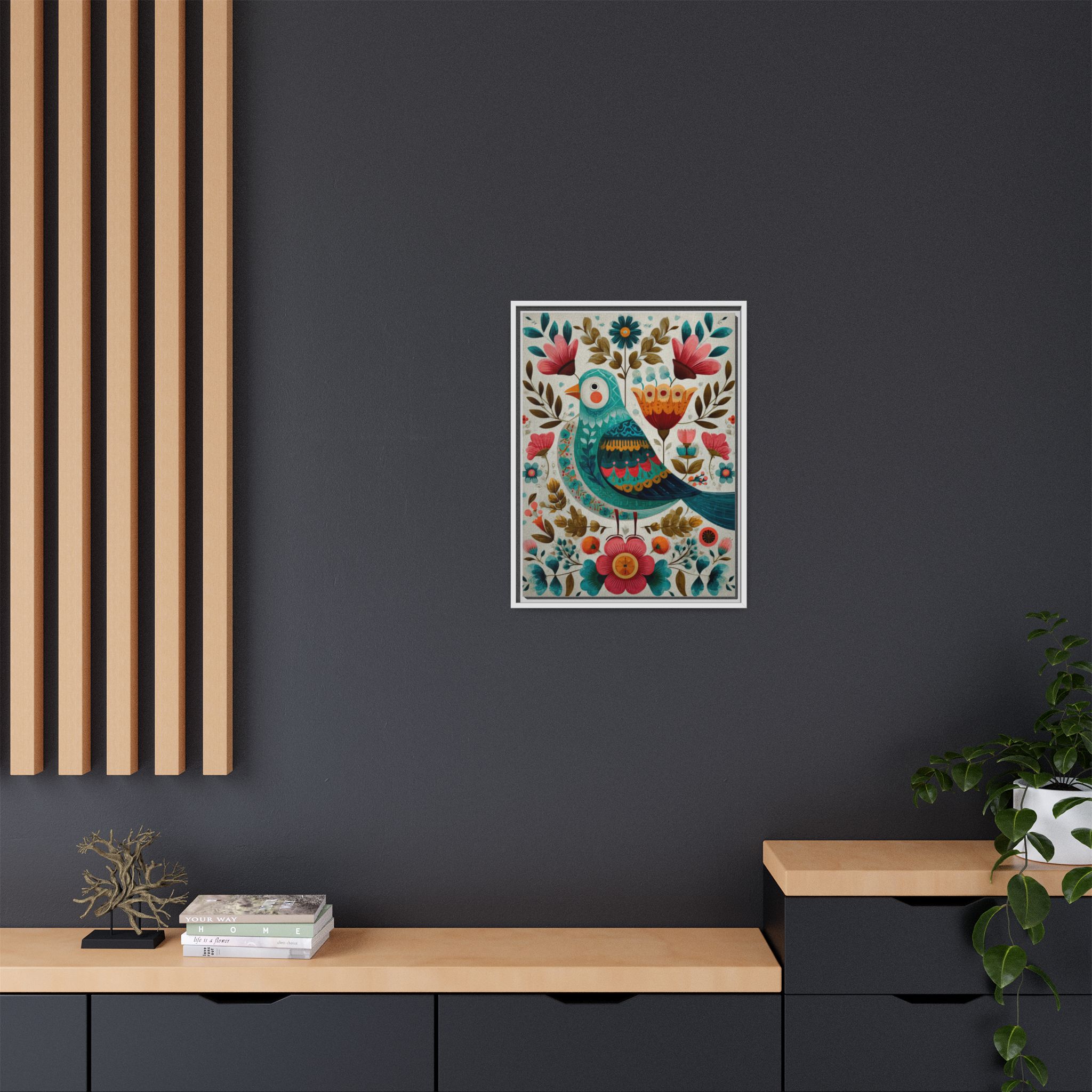 Folk Art Bird Print | Scandinavian Floral Illustration Boho | Framed Canvas Print - Image 32