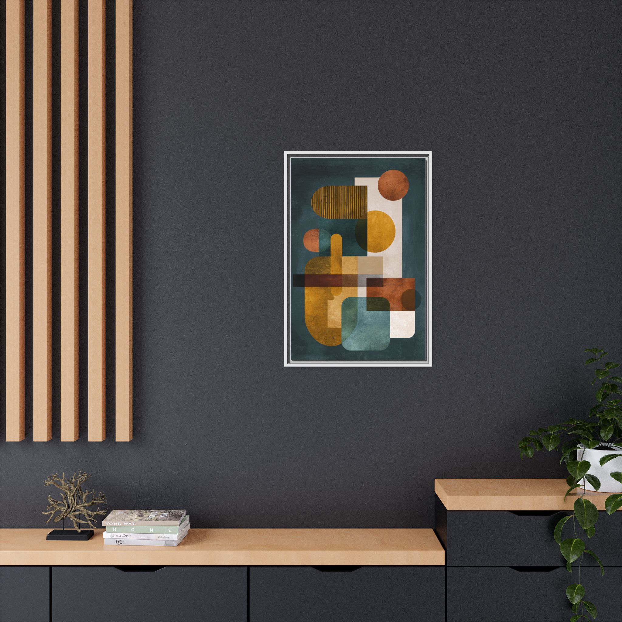 Mid Century Geometric Wall Art Print | Navy Gold Terracotta Abstract Shapes | Boho Modern Living Room Art | Framed Canvas Print - Image 16