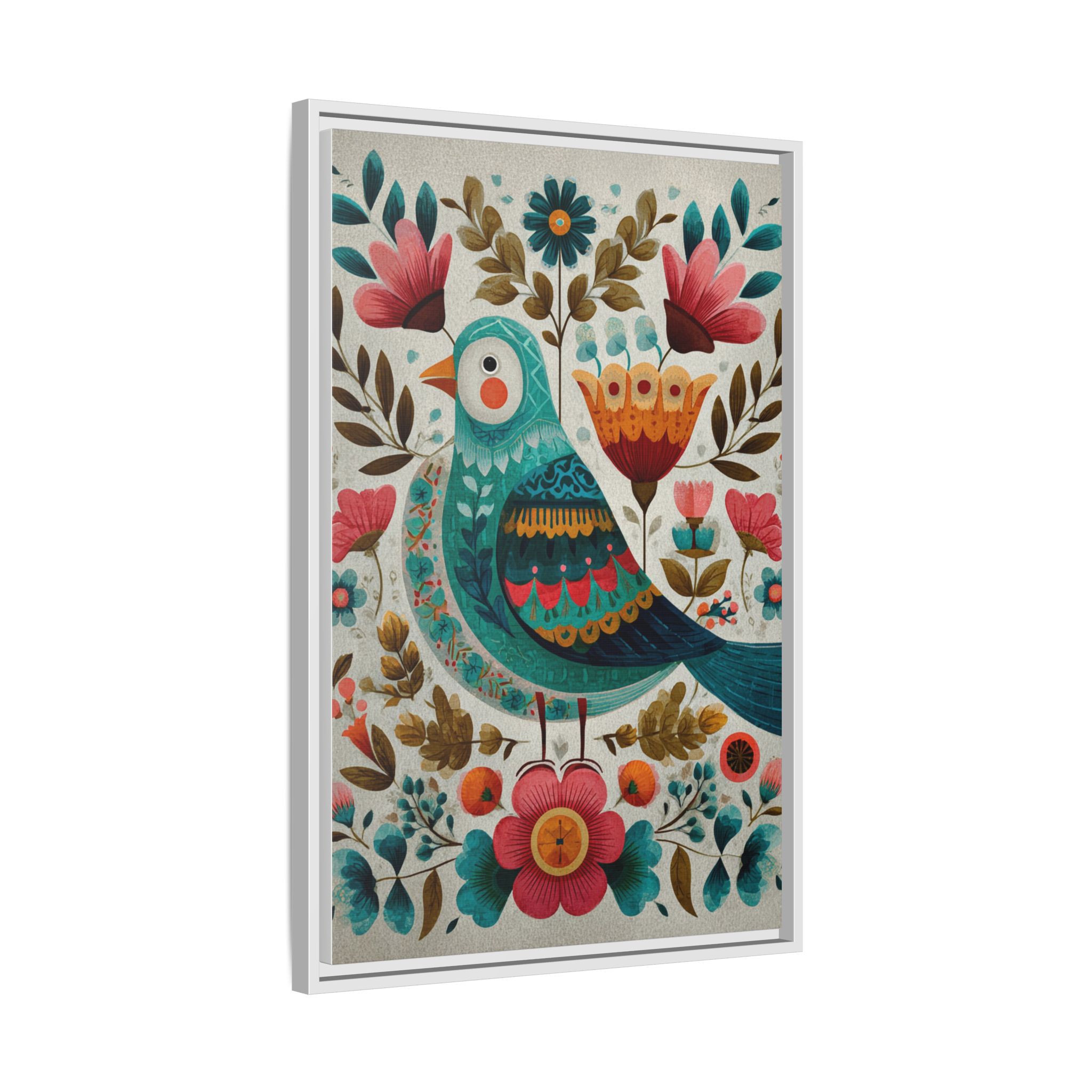Folk Art Bird Print | Scandinavian Floral Illustration Boho | Framed Canvas Print - Image 6