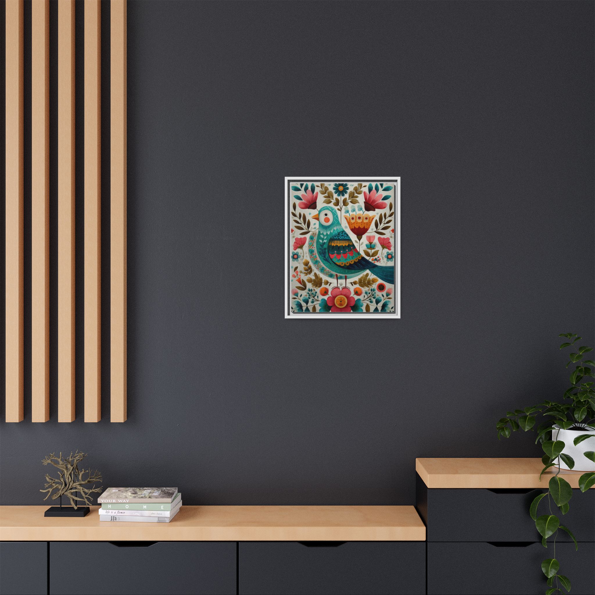 Folk Art Bird Print | Scandinavian Floral Illustration Boho | Framed Canvas Print - Image 12