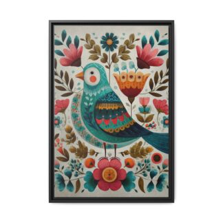 Folk Art Bird Print | Scandinavian Floral Illustration Boho | Framed Canvas Print