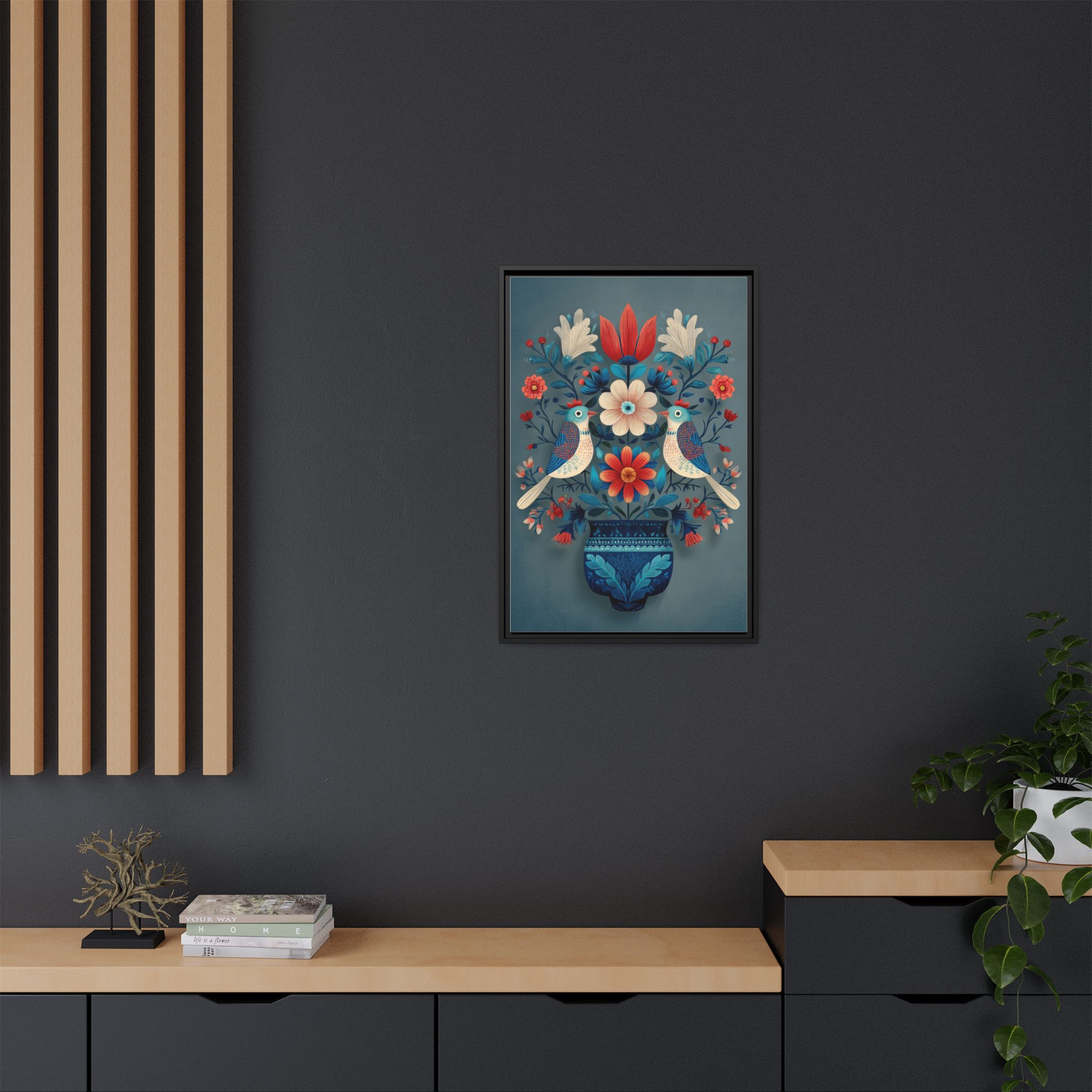 Folk Art Birds Floral Vase Print | Scandinavian Style Wall Art | Framed Canvas Print - Image 4