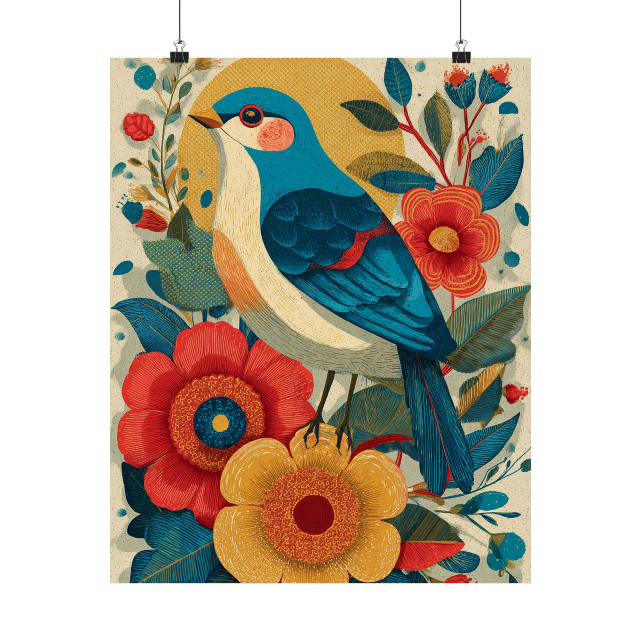 Folk Art Bird Print | Vintage Botanical Floral Illustration | Matte Poster Print - Image 9