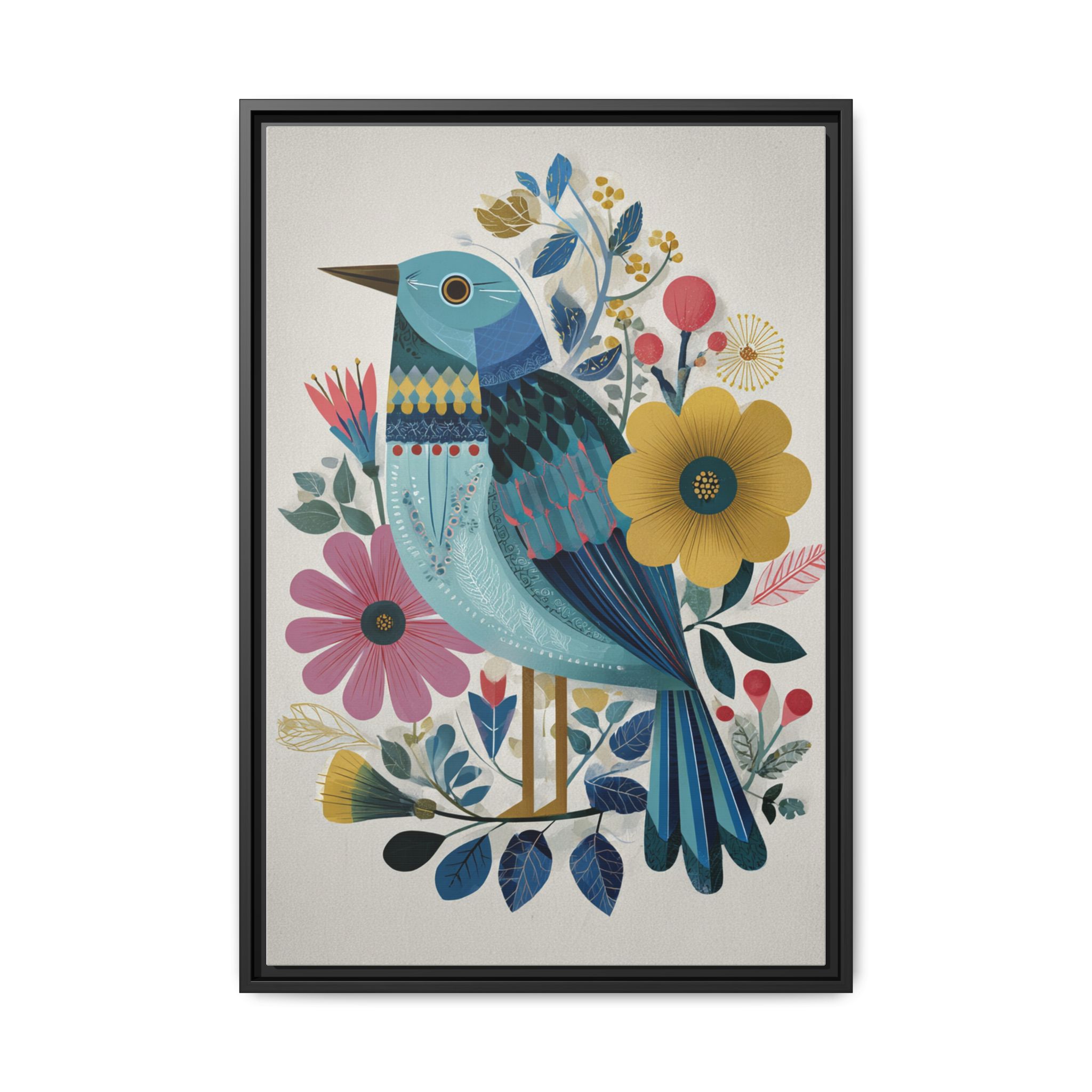 Folk Art Bird Print | Colorful Floral Nature Poster | Framed Canvas Print