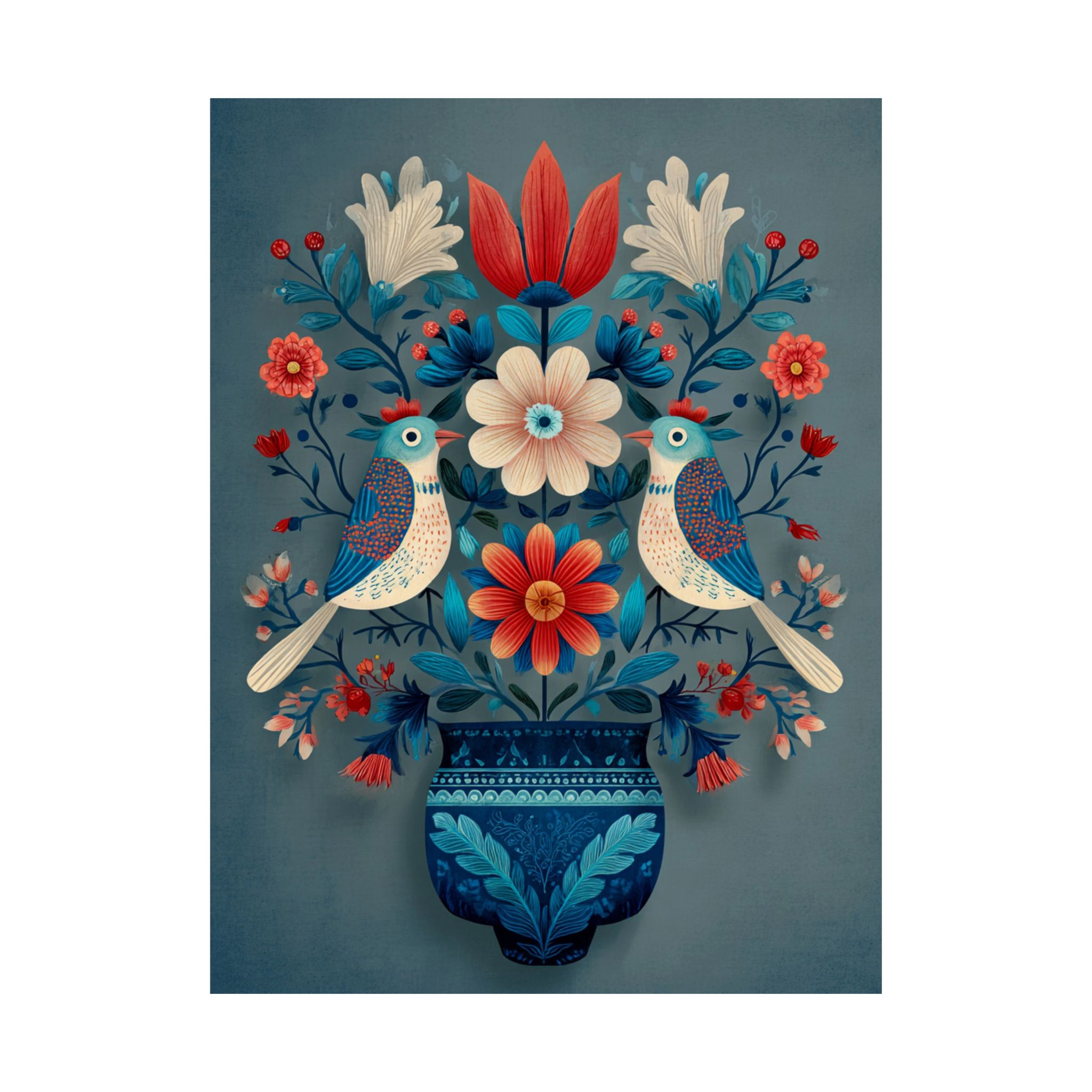 Folk Art Birds Floral Vase Print | Scandinavian Style Wall Art | Matte Poster Print - Image 6