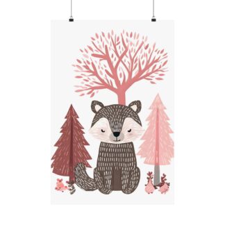 Woodland Bear Nursery Art | Pink Scandinavian Forest Animal Print | Matte Poster Print