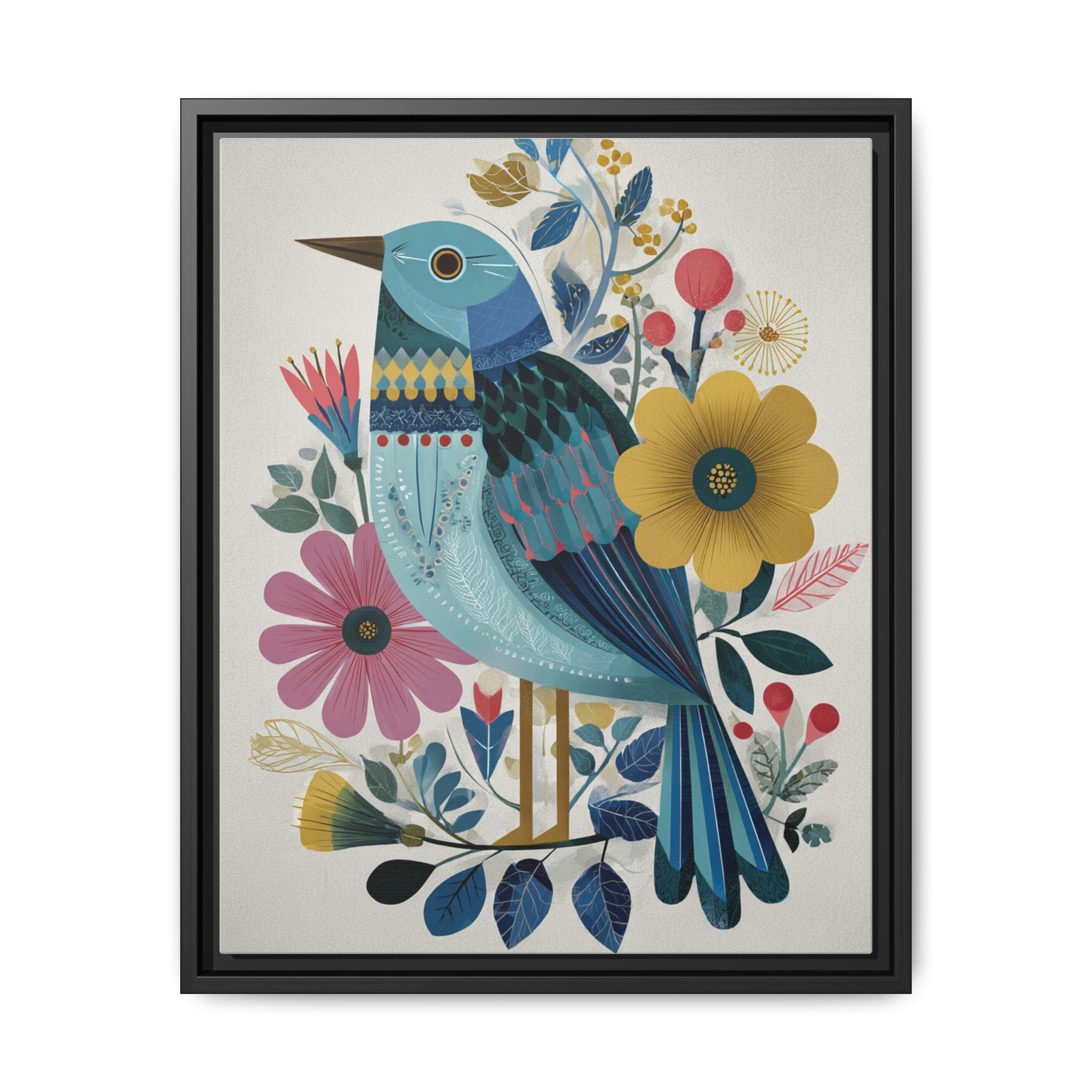 Folk Art Bird Print | Colorful Floral Nature Poster | Framed Canvas Print - Image 13