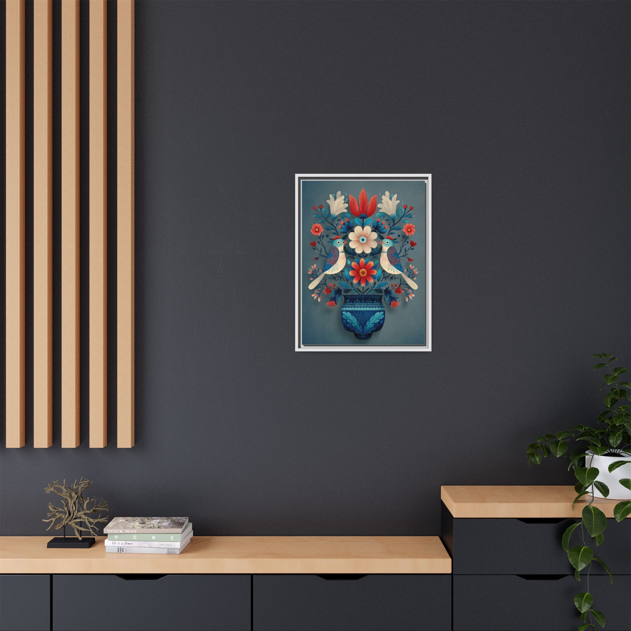 Folk Art Birds Floral Vase Print | Scandinavian Style Wall Art | Framed Canvas Print - Image 32